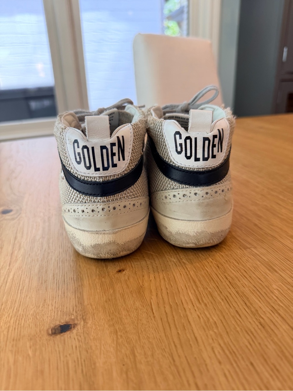 Golden Goose Cream Mesh and Black Leather Mid Star Sneakers with Silver Star - Picture 8 of 11